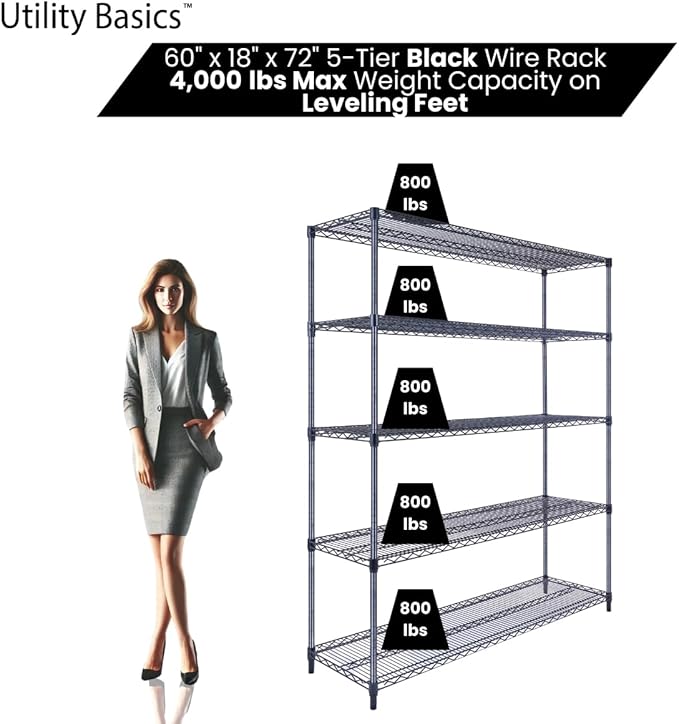 60"x18"x72" Black 5-Tier Premium Wire Shelving NSF 4000 LBS MAX Capacity Heavy Duty Steel Storage Rack for Warehouses, Garages, Hospitals, Commercial Spaces, & Schools w/Premium Wheels-CasaMuseHome