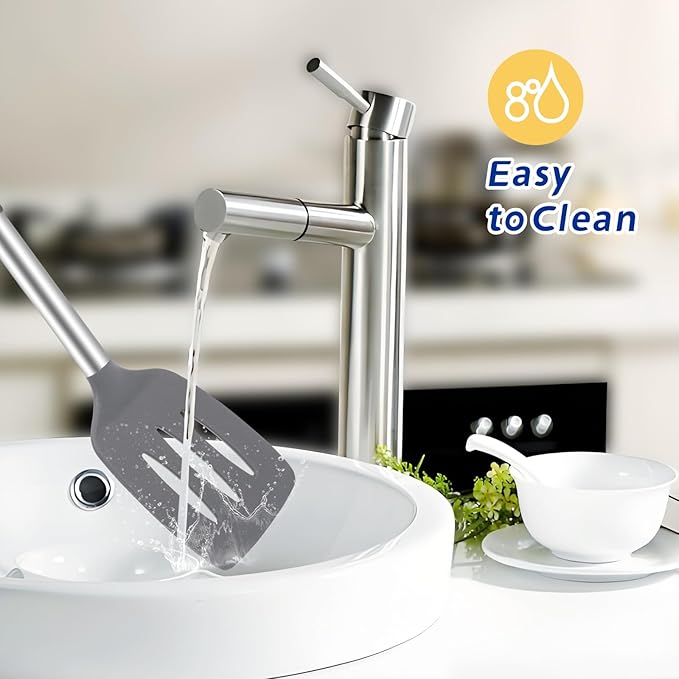 5-Piece Silicone Kitchen Tool Set, BPA-Free, Heat-Resistant, Non-Stick & Dishwasher-Safe, with Slotted/Solid Spoons & Spatulas for Frying, Mixing, Draining – Includes Multi-Purpose Serving Hook(Gray)-CasaMuseHome