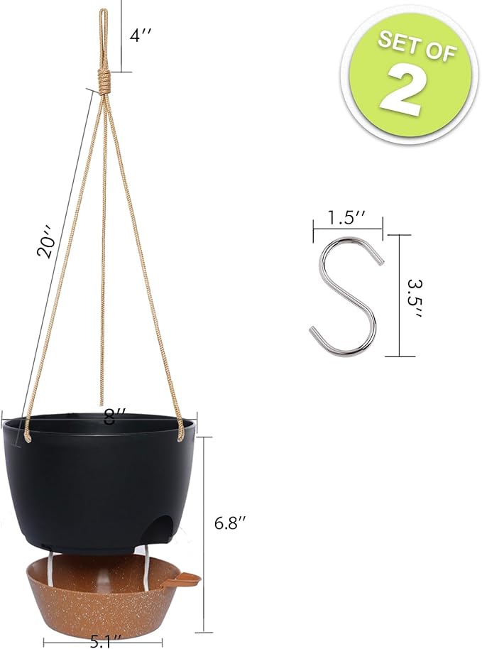 8 inch Hanging Planters, 2 Pack Self Watering Hanging Pots with 20oZ Deep Reservoir for Indoor Outdoor Plants Flowers, Black with Brown-CasaMuseHome