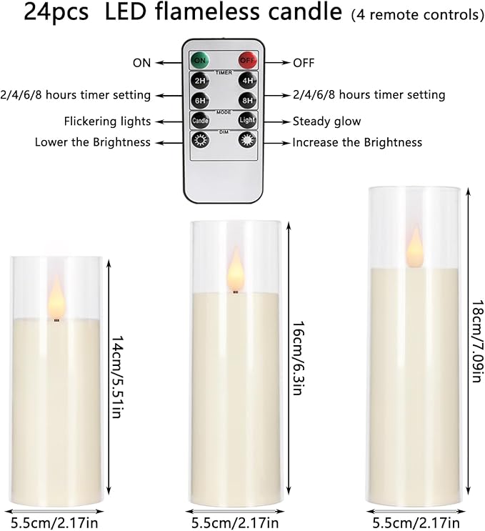 24-Pack Acrylic LED Flameless Pillar Candles with Remote & Timer, Battery Powered - Perfect for Indoor/Outdoor Decor,Wedding,BBQ and Gift - Easily Create a Magical Atmosphere.-CasaMuseHome