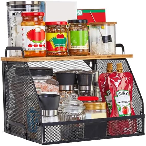 1 SET Large fruit basket for kitchen counter-stackable basket with Bamboo Tops & Tag,hanging wall baske,for Cabinet Shelf Countertop pantry storaget, onion potato Vegs Bread Food Organizing Bin,BLACK-CasaMuseHome