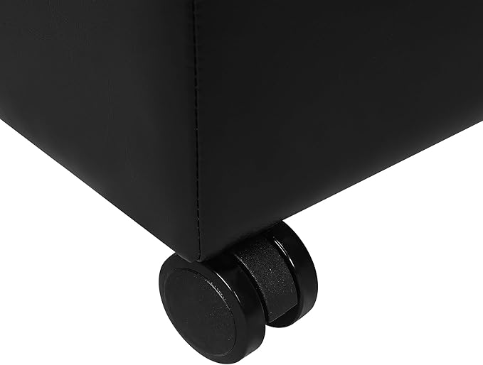 Adeco 17.7" Leather Ottoman with Wheels, Black Square Rolling Ottoman with Storage, Upholstered Button Tufted Vanity Stool with Hinged Lid for Living Room, Bedroom, Dorm-CasaMuseHome