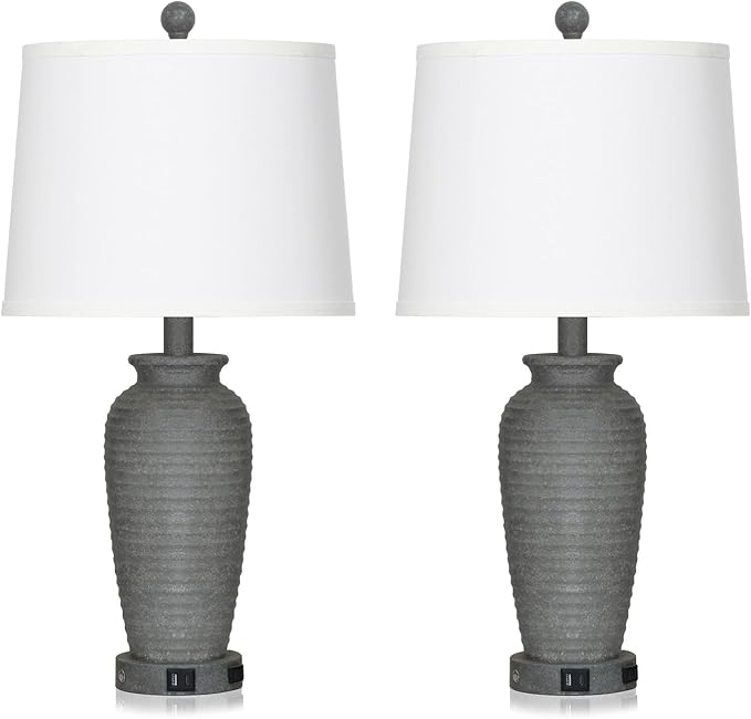 25" Grey Vintage Table Lamp Set of 2 Farmhouse Jar Table Lamps for Living Room，Touch Bedside Lamps with USB A+C Ports & AC Outlet, Pot Nightstand Lamps for Bedroom Living Room (LED Bulbs Included)-CasaMuseHome