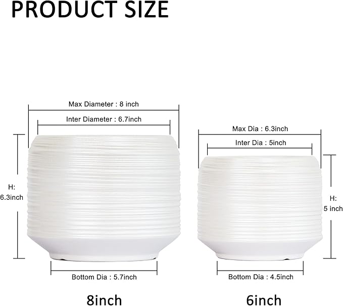 8 Inch + 6 Inch Ceramic Plant Pots Indoor with Drainage – Flower Pot Set, Decorative Indoor Planters for House Plants and Garden Use-CasaMuseHome