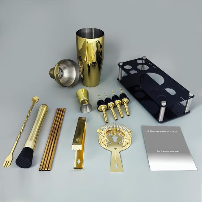 14-Piece Cocktail Shaker Set Bartender Kit with Black Stand, Bar Tool Set for Drink Mixing Bartending Kit Bar Sets Accessories: 750ml(25oz) Shaker, Jigger, Muddler, Cocktail Recipes (Gold)-CasaMuseHome