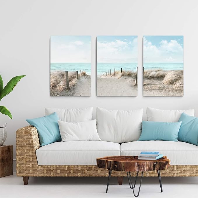 3 Piece Large Canvas Bedroom Wall Art Beach Blue Sea Blue Sky Print Picture Framed Wall Decor for Living Room Bathroom Modern Home Decor Artwork Ready to Hang Coastal Wall Decorations Size 16x24x3-CasaMuseHome