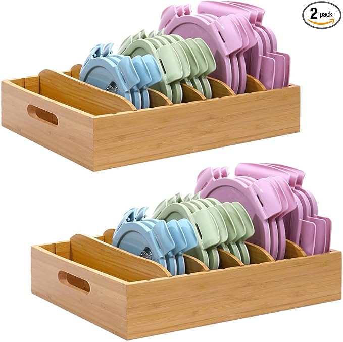 2 Pack Bamboo Lid Holder Food Container, Kitchen Organizer with 5 Adjustable Dividers, Cabinet Organizer for Food, Kitchen Gadget, Container Lids-CasaMuseHome