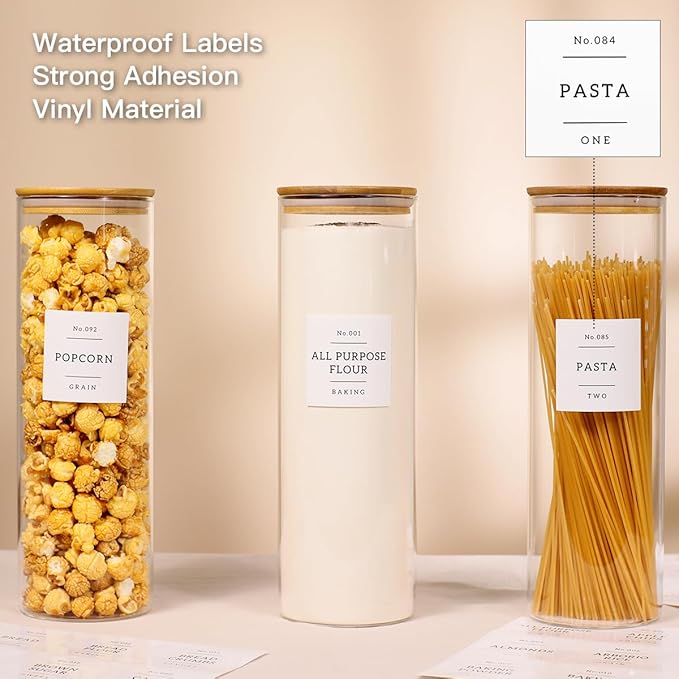 3 Pack Glass Jar with Airtight Bamboo Lid and White 132 Kichen Pantry Labels Preprinted - 70 Oz Clear Tall Glass Food Storage Containers set For Noodles Pasta Spaghetti-CasaMuseHome