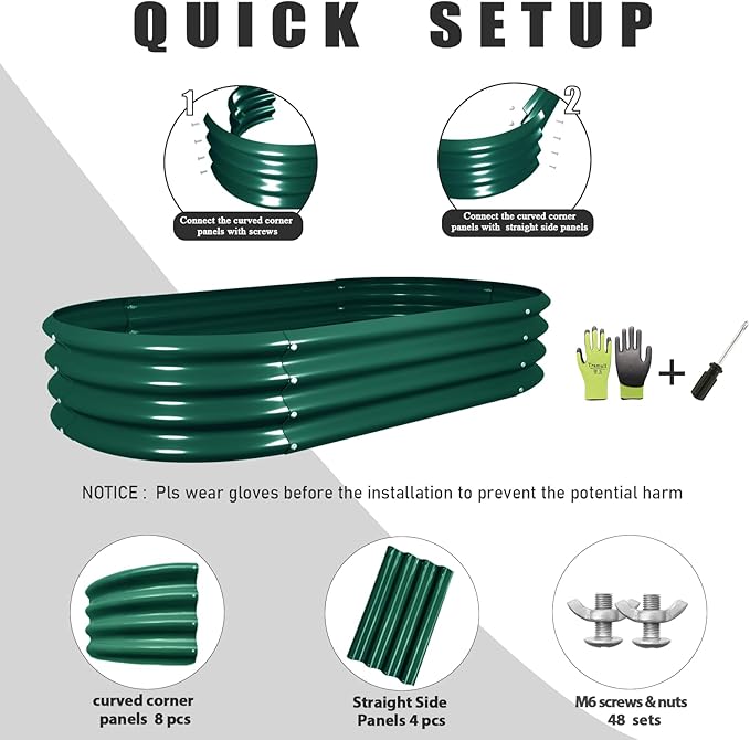 2 Pack 4x2x1FT Galvanized Raised Garden Bed Kit Oval Metal Ground Planter Box Outdoor Bottomless Planter Raised Beds for Vegetables Flowers Herbs Fruits, Green-CasaMuseHome