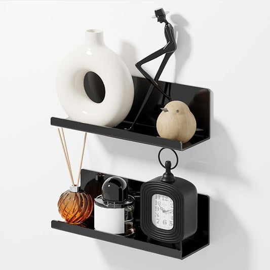 Acrylic Floating Shelves for Wall No Drilling, Self Adhesive Space-Saving Shelves, 12 Inch Floating Shelf Stick on Wall Shelf, for Bathroom, Kitchen, Bedroom, Office, Gaming Room, Black-CasaMuseHome