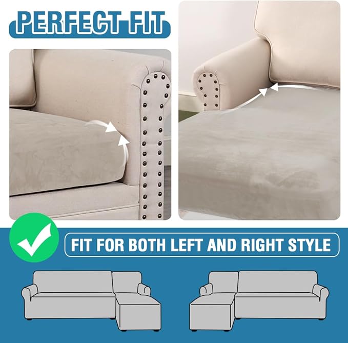 H.VERSAILTEX Velvet Stretch 3-Piece L Shape Sectional Couch Covers (Large 2 Seater + 1 Chaise, Oatmeal)-CasaMuseHome