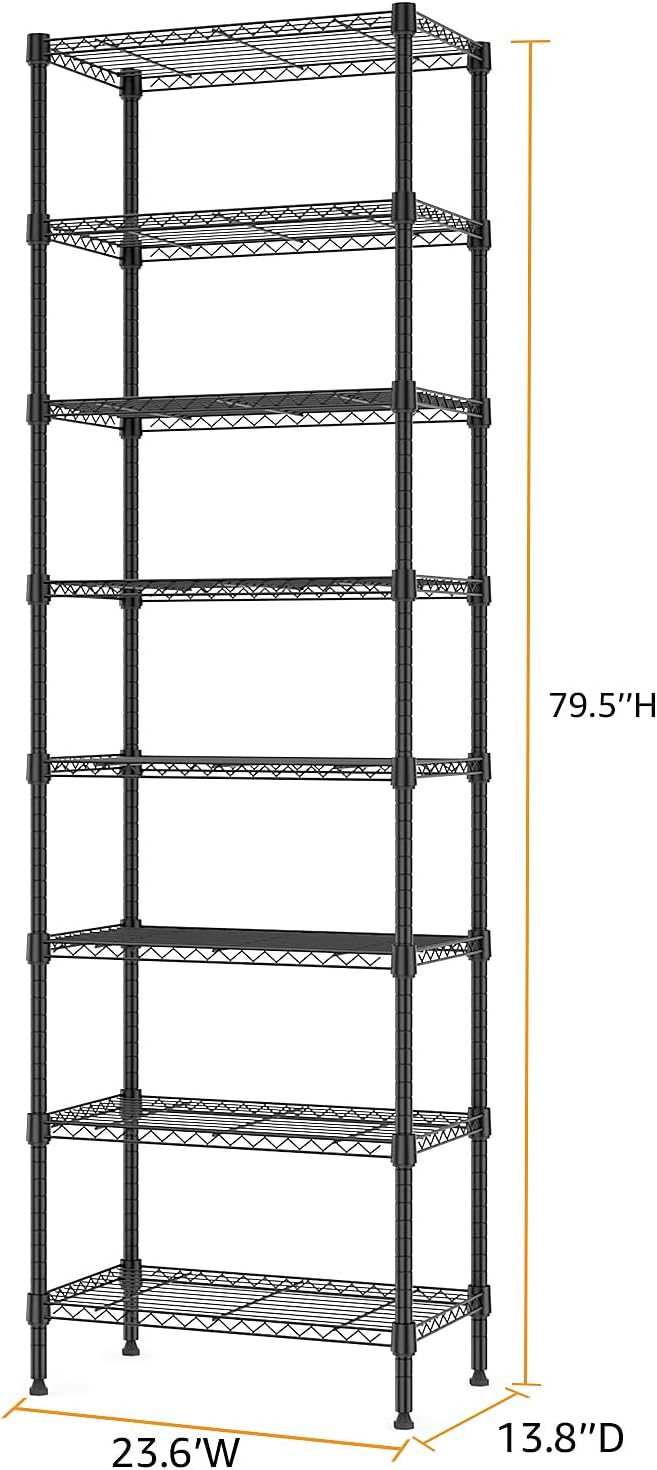 8 Tier 2000 lbs Storage Rack Metal Wire Shelving Unit, Storage Standing Shelf Organizer for Laundry Bathroom Kitchen Pantry Closet Garage Basement Utility Room, Black 13.8" D x 23.6" W x 79.5" H-CasaMuseHome