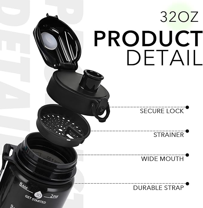 32oz Motivational Water Bottles with Time Marker & Fruit Strainer, Transparent Gradient Color Water Bottle with Times to Drink, Leakproof & BPA Free, Reusable Bottle with Strap (No Straw)-CasaMuseHome