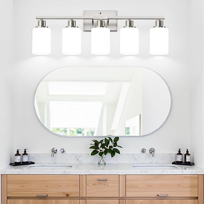 5-Light Brushed Nickel Bathroom Vanity Light with Milky White Frosted Glass Shades, Modern Bathroom Light Fixtures, Up/Down Reversible Lighting for Mirror, Bedroom, Kitchen, Living Room, Hallway-CasaMuseHome