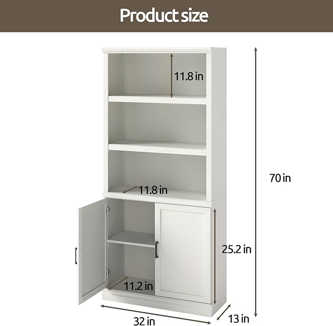70 Inch Tall Bookcase with Doors, Library Office Bookshelf with Adjustable Shelves, Floor Standing Storage Cabinet for Bedroom Living Room Organizer with Anti Tipping Kit, Soft White Finish-CasaMuseHome