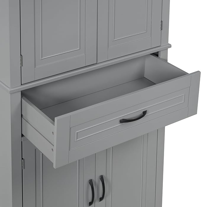 72.2" Tall Storage Cabinet with 4 Doors and Drawer, Freestanding Linen Cabinet, Wooden Pantry with Adjustable Shelf for Kitchen, Bathroom, Living Room, Grey-CasaMuseHome