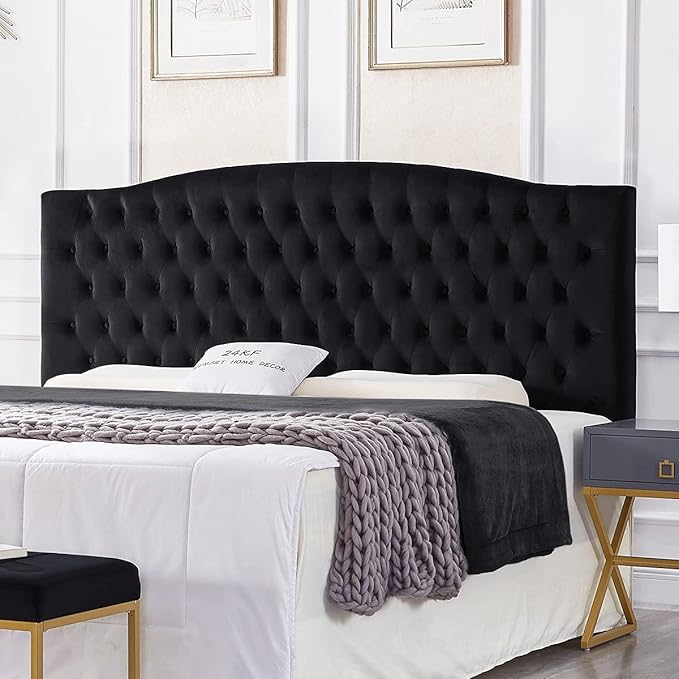24KF Upholstered Tufted Button Velvet Headboard,Comfortable Fashional Headboard King/CA King Size,Black-CasaMuseHome