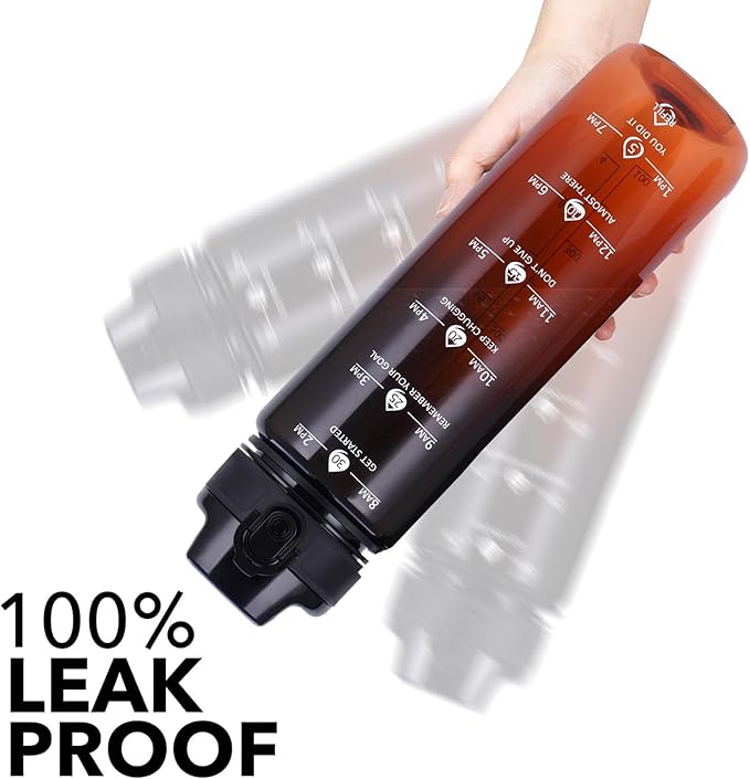 32oz Motivational Water Bottles with Time Marker & Fruit Strainer, Transparent Gradient Color Water Bottle with Times to Drink, Leakproof & BPA Free, Reusable Bottle with Strap (No Straw)-CasaMuseHome