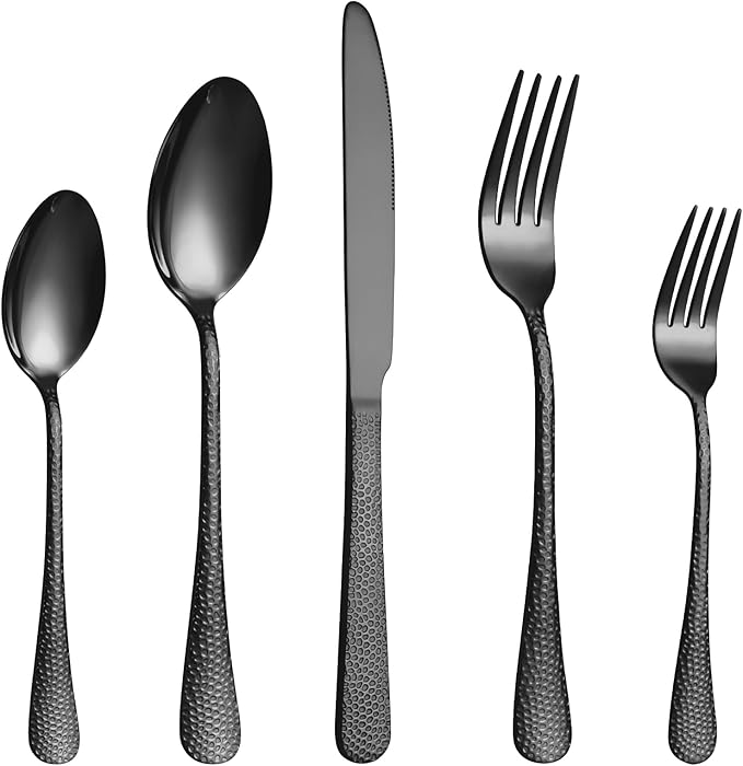 20 Pcs Black Silverware Set for 4 with Hammered Design, Food Grade Stainless Steel Flatware Set, Eating Utensils Sets Include Fork/Knife/Spoon, Cutlery Set, Dishwasher Safe-CasaMuseHome