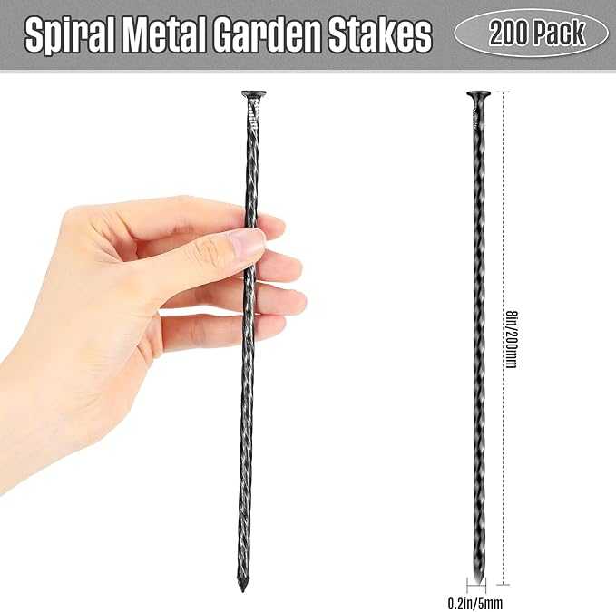 200 Pcs Metal Nails 8 Inch Artificial Spikes Galvanized Spiral Landscape Stakes Edging Spikes Garden Stakes for Fake Landscaping Grass Ground Lawn(Black)-CasaMuseHome