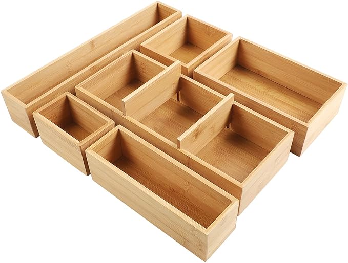 Kootek Bamboo Drawer Organizer with Removable Dividers, 6 Pcs Adjustable Kitchen Drawer Organizer Utensils Bamboo Organizers Silverware Storage Box Cutlery Tray Multi-Use for Bathroom, Makeup, Office-CasaMuseHome