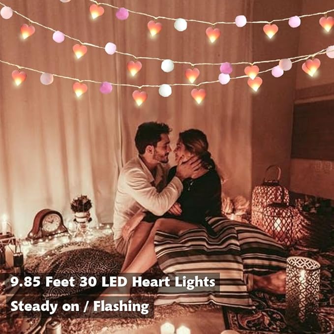9.85Ft String Lights with 20 Pink Heart LEDs 20 Pink Pom Poms Garland Lights with Timer Valentine Decoration for Home Kid Bedroom Mother's Day Wedding Party Valentine's Day Decor-CasaMuseHome