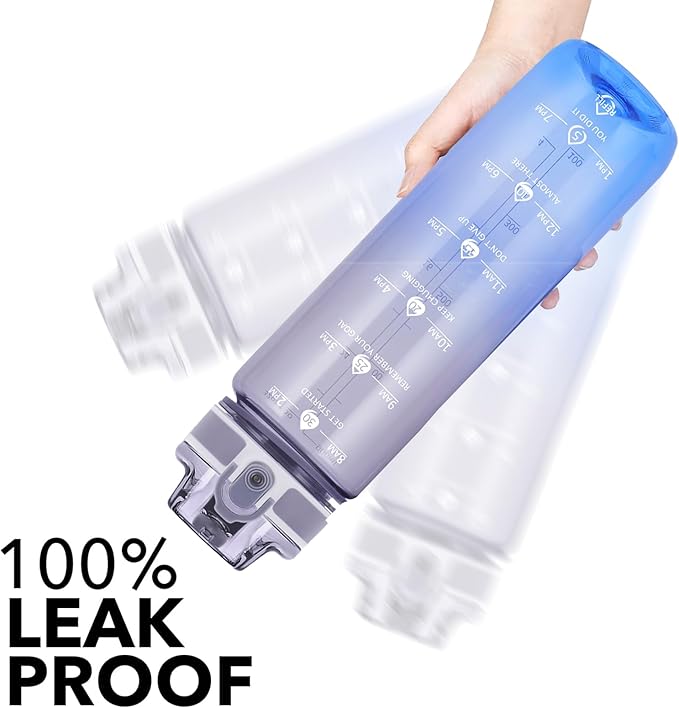 32oz Motivational Water Bottles with Time Marker & Fruit Strainer, Transparent Gradient Color Water Bottle with Times to Drink, Leakproof & BPA Free, Reusable Bottle with Strap (No Straw)-CasaMuseHome