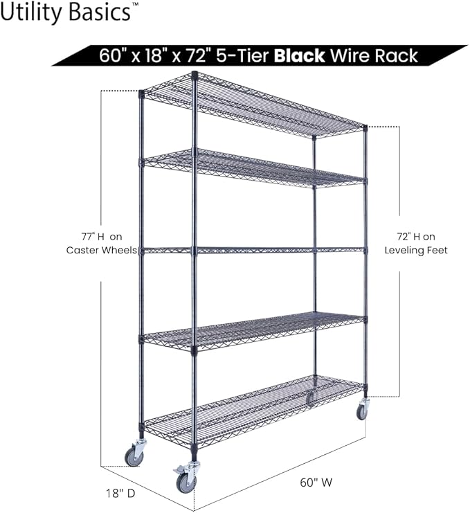 60"x18"x72" Black 5-Tier Premium Wire Shelving NSF 4000 LBS MAX Capacity Heavy Duty Steel Storage Rack for Warehouses, Garages, Hospitals, Commercial Spaces, & Schools w/Premium Wheels-CasaMuseHome