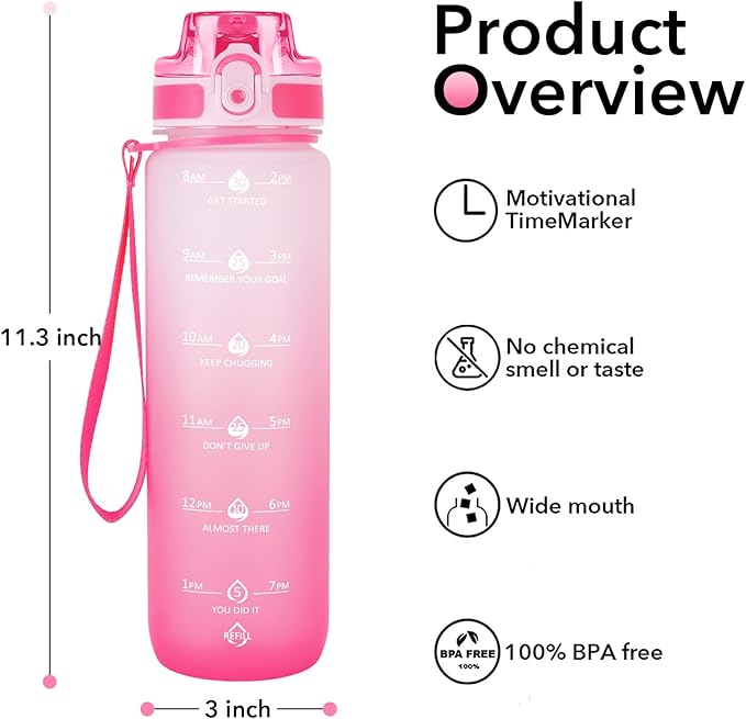 32oz Motivational Water Bottles with Time Marker & Fruit Strainer, Transparent Gradient Color Water Bottle with Times to Drink, Leakproof & BPA Free, Reusable Bottle with Strap (No Straw)-CasaMuseHome