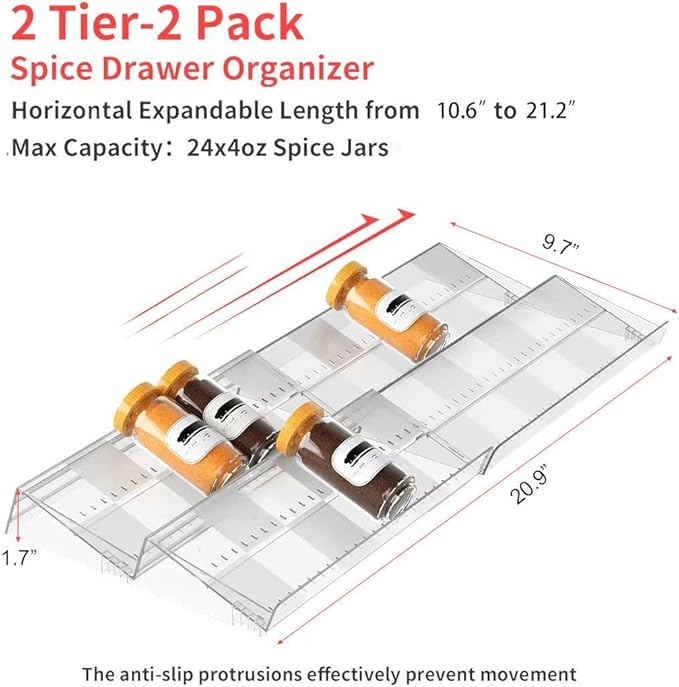 2-Tier Non-Slip Spice Drawer Organizer, 2-Pack Checkered Frosted Clear Acrylic, Expandable (11''-22'') Spice Rack for Kitchen Drawer Storage – Holds Seasonings, Herbs, and Spices (Jars Not Included)-CasaMuseHome