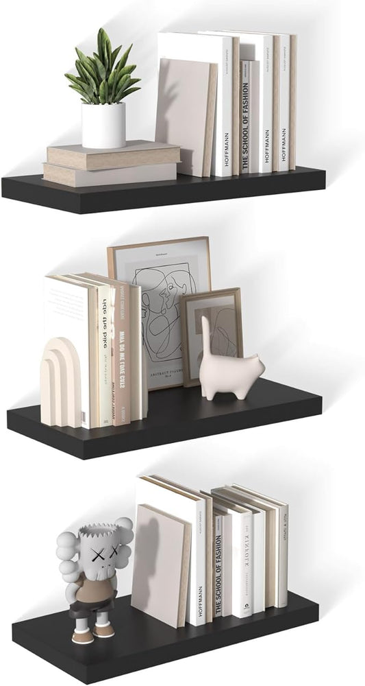 12 Inch Deep Floating Shelves for Wall 3 Pack Floating Shelves Large Storage Space Wall Mount Shelf for Living Room Kitchen Bathroom 24" W x 12" D x 1.2" H Black-CasaMuseHome