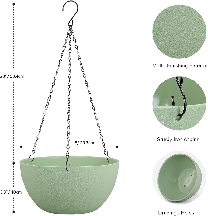 8 inch Small Hanging Planters Plant Pots for Indoor Outdoor Plants, 2 Pack Hanging Flower Pots with Drainage Holes and Chain for Garden Porch, Plastic Hanging Baskets for House Plants, Green-CasaMuseHome