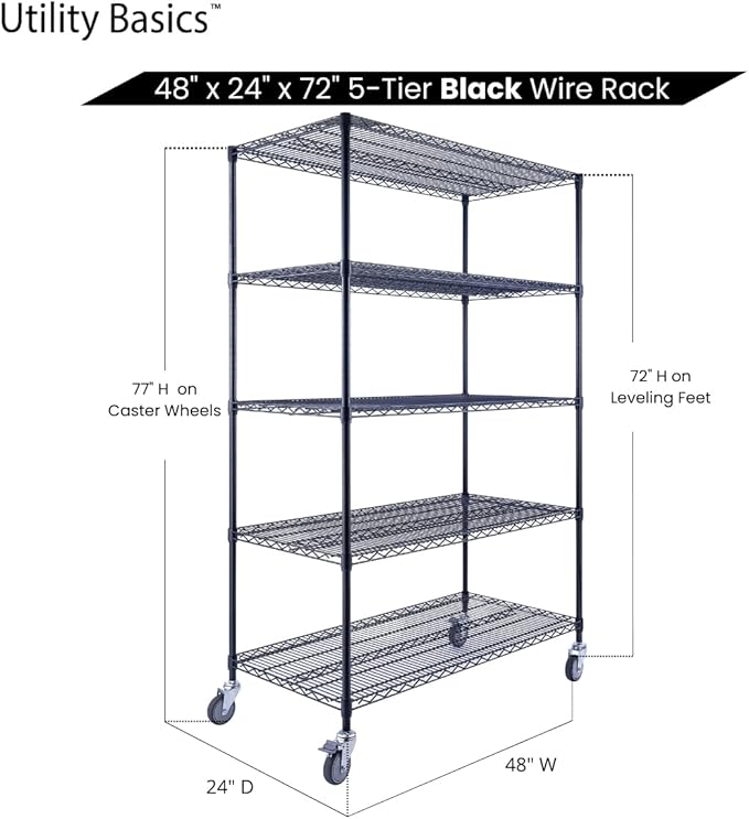 48"x24"x72" Black 5-Tier Premium Wire Shelving NSF 4000 LBS MAX Capacity Heavy Duty Steel Storage Rack for Warehouses, Garages, Hospitals, Commercial Spaces, & Schools w/Premium Wheels-CasaMuseHome
