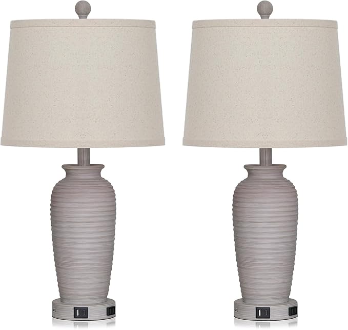 25“ Traditional Table Lamps Set of 2, Bedside Touch Lamp with USB C+A Charging Ports, Rustic Farmhouse Jar Table Lamps for Living Room Bedroom, Side Table Lamp with Beige Fabric Shade, Antique Grey-CasaMuseHome