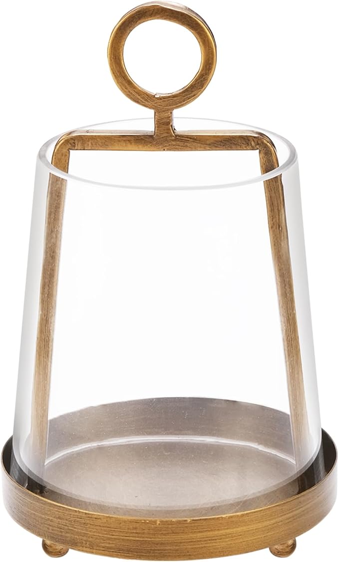 6" Wide Modern Farmhouse Metal Hurricane Candle Holder with Handmade Sturdy Glass Sleeve in Antique Brass for Pillar Candle & Plants, Hurricane Lantern, Industrial, Minimalistic (1, Brass, 6"x10")-CasaMuseHome