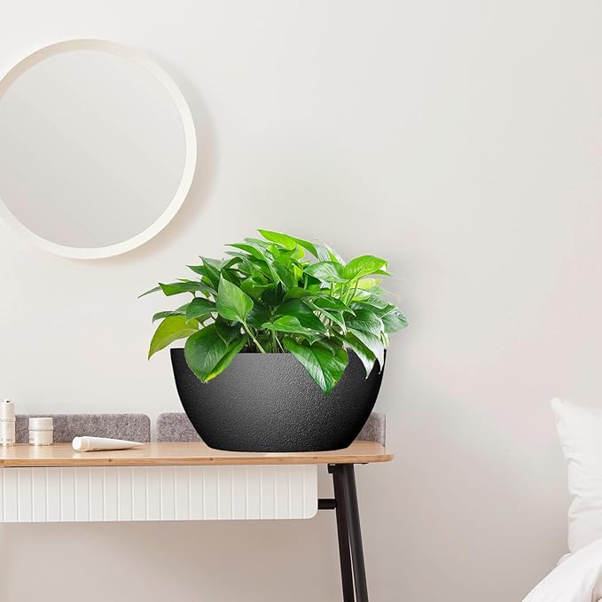 13 inch Large Hanging Planters Plant Pots for Outdoor Indoor Plants with Drainage Holes and Chain, 2 Pack Round Hanging Flower Pots for Garden Home Porch Decor, Black-CasaMuseHome