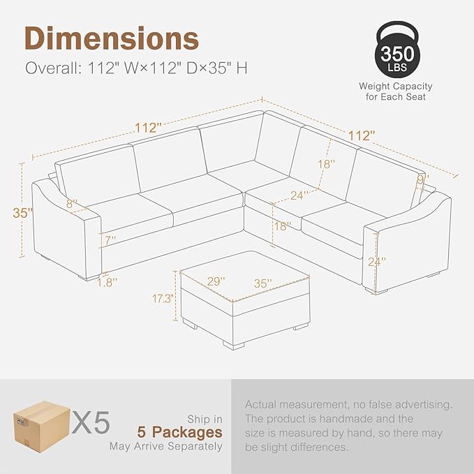 112" Modular Sectional Sofa, Large 7 Seater L Shaped Couch with Detachable Sofa Cover, Movable Ottoman, Deep Seat Corner Couch for Living Room, Apartment - Linen Fabric, Ivory-CasaMuseHome