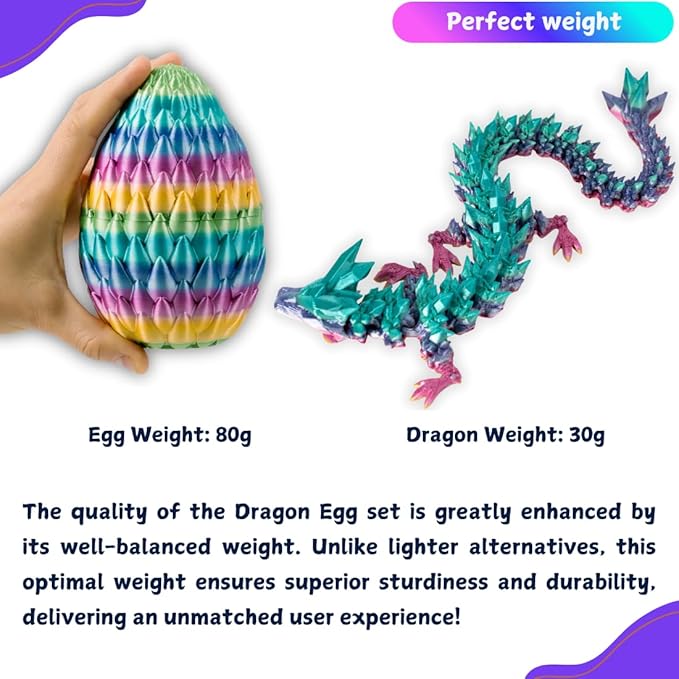 3D Printed 12” Articulated Crystal Dragon Inside 5.1” Egg – Fantasy Collectible, Fidget Toy & Stocking Easter Basket Stuffers for Home & Office Decor (Rainbow)-CasaMuseHome
