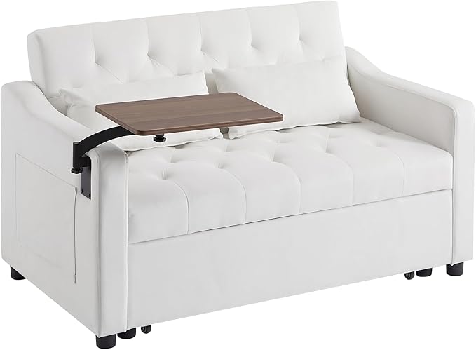 3-in-1 Convertible Sleeper Sofa Bed, Pullout Couch with 360° Swivel Side Table, Modern Chenille Fabric, Easy to Assemble, Folding Loveseat Sofa Bed for Living Room & Guest Room-CasaMuseHome
