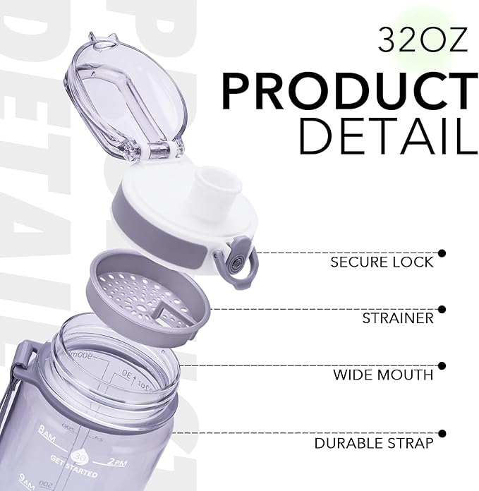 32oz Motivational Water Bottles with Time Marker & Fruit Strainer, Transparent Gradient Color Water Bottle with Times to Drink, Leakproof & BPA Free, Reusable Bottle with Strap (No Straw)-CasaMuseHome