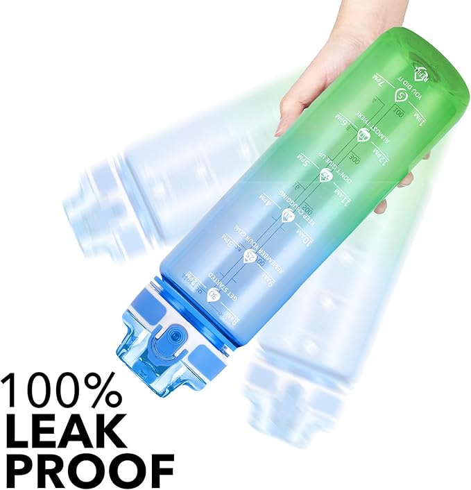 32oz Motivational Water Bottles with Time Marker & Fruit Strainer, Transparent Gradient Color Water Bottle with Times to Drink, Leakproof & BPA Free, Reusable Bottle with Strap (No Straw)-CasaMuseHome