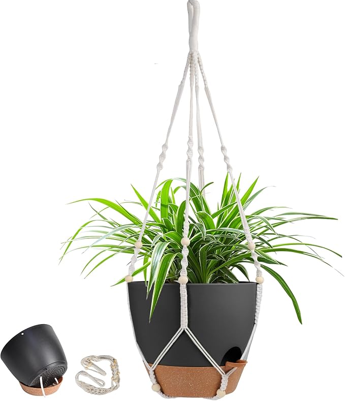 41.5 Inch Macrame Plant Hanger Indoor Outdoor with 12 Inch Flower Pot, Hanging Planter for Plants Holder with Wood Beads for Boho Home Decor (Ivory+Black)-CasaMuseHome