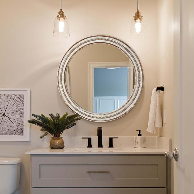 24 Inch Round Mirror - Distressed Vintage Farmhouse Mirror for Bathroom Wall, Living Room, Bedroom & Entryway, Handmade Wood Frame-CasaMuseHome