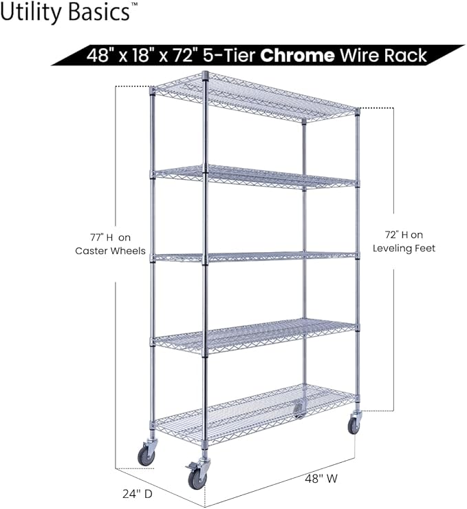 48"x18"x72" Chrome 5-Tier PREMIUM Wire Shelving NSF 4000 LBS MAX CAPACITY Heavy Duty Steel Storage Rack for Warehouses, Garages, Hospitals, Commercial Spaces, & Schools w/PREMIUM WHEELS-CasaMuseHome