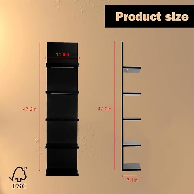 5 Tier Wall Shelf Unit, Black Modern Vertical Lack Wall Shelves with Light, Wall Mount, Floating Column Home Decor Shelves for Bedroom, Living Room, Vanity Storage Display-CasaMuseHome