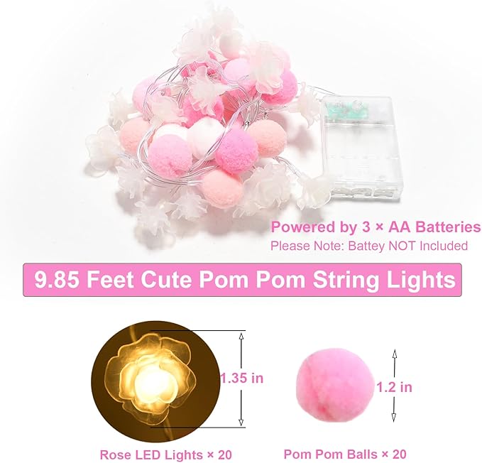 9.85Ft String Lights 20 Cute Pink Pompoms 20 LEDs Rose Fairy Lights Garland Battey Operated with Timer Flower Lights for Bedroom Kids Room Party Birthday Wedding Valentines Decorations-CasaMuseHome