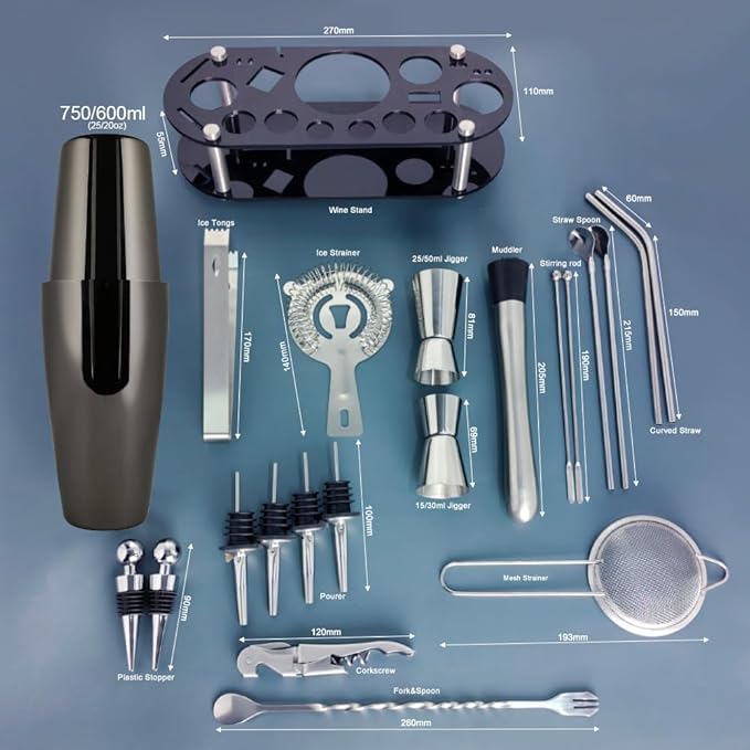 22-Piece Cocktail Shaker Set, 25/20oz Bartender Kit, Bartending Stainless Steel Bar Tools Sets for Drink Mixing, Boston Cocktail Shakers with Stand Recipes Booklet (Black-25-20oz)-CasaMuseHome
