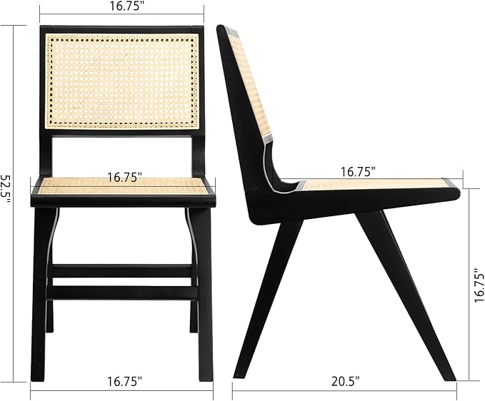 Accent Chair Dining Chairs Set of 2, Solid Wood Frame Boho Rattan Chair, Mid Century Modern Accent Chairs for Living Room Bedroom Dining Room Kitchen(Black)-CasaMuseHome