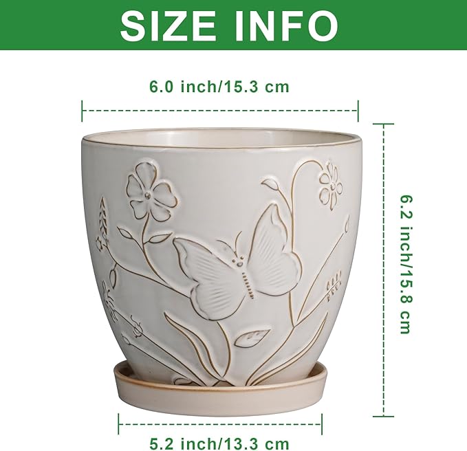 6 Inch Ceramic Plant Pot for Indoor Plants Outdoor Round Planter Flower Pot with Drainage Hole and Saucer for Home Garden Office Decor White-CasaMuseHome