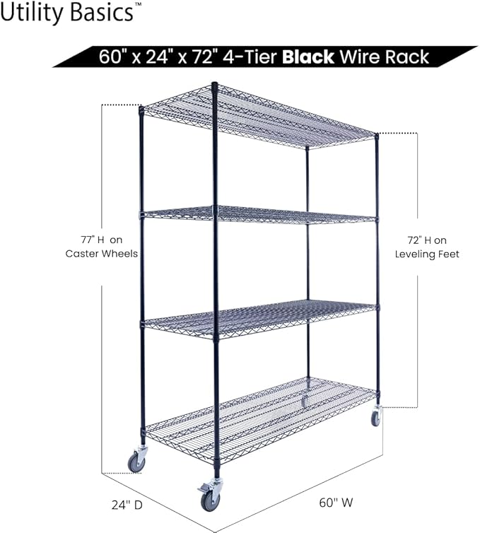 60"x24"x72" Premium Metal Steel 4-Tier Wire Shelving NSF 3200 LBS MAX Capacity Heavy Duty Storage Rack for Hospitals, Schools, Commercial Spaces, and Garages w/Premium Wheels-CasaMuseHome